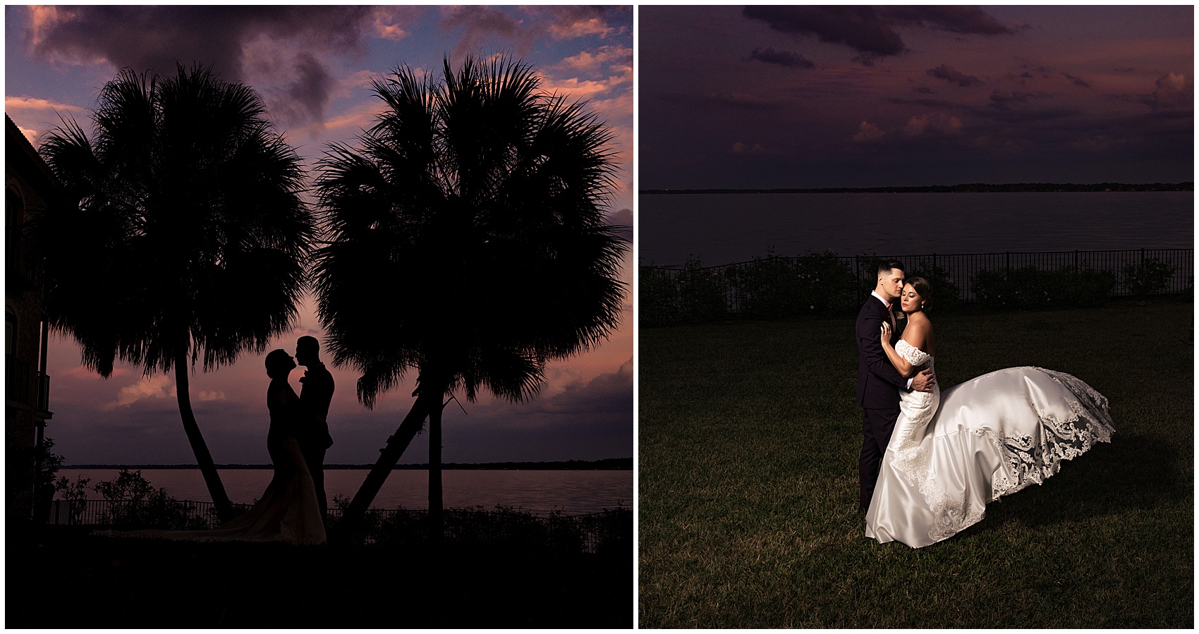 Newlyweds share intimate moments on the waterfront at sunset during their club continental wedding