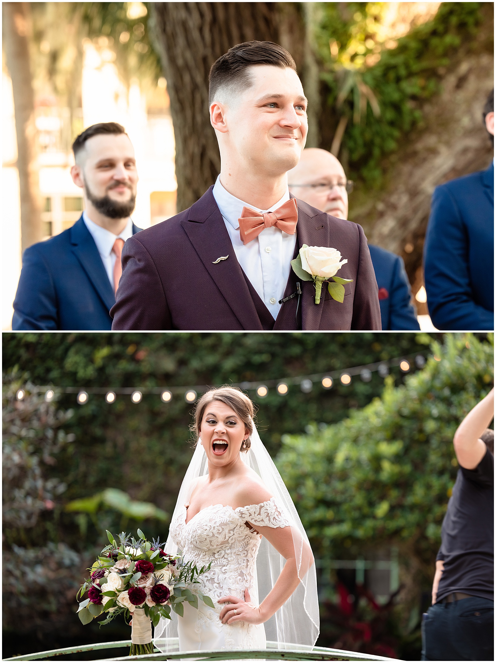 A groom in a purple suit looks up to his bride coming across a bridge and down the aisle