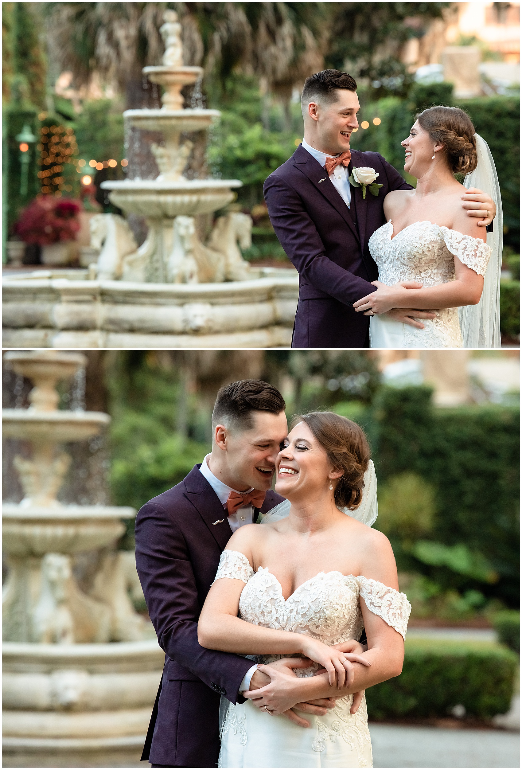 Newlyweds laugh and hug in a garden with fountains at sunset at their club continental wedding