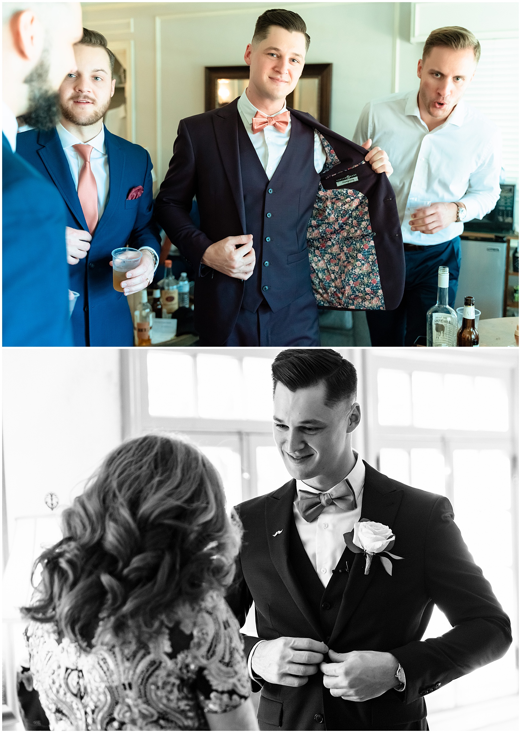 A groom shows off his custom jacket liner and gets ready with his mom