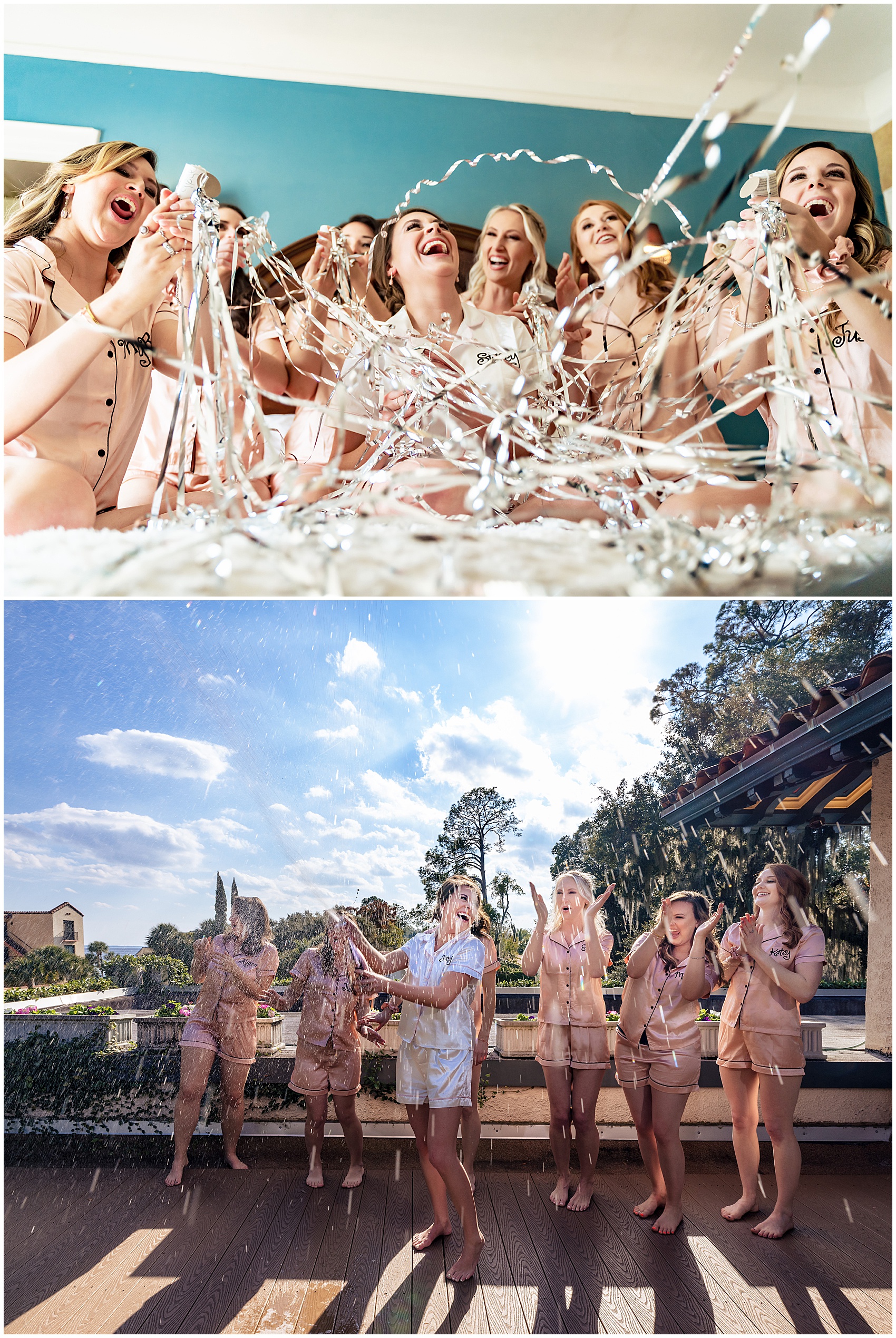 A bride in white pajamas pops streamers and confetti with her bridesmaids in pink pajamas