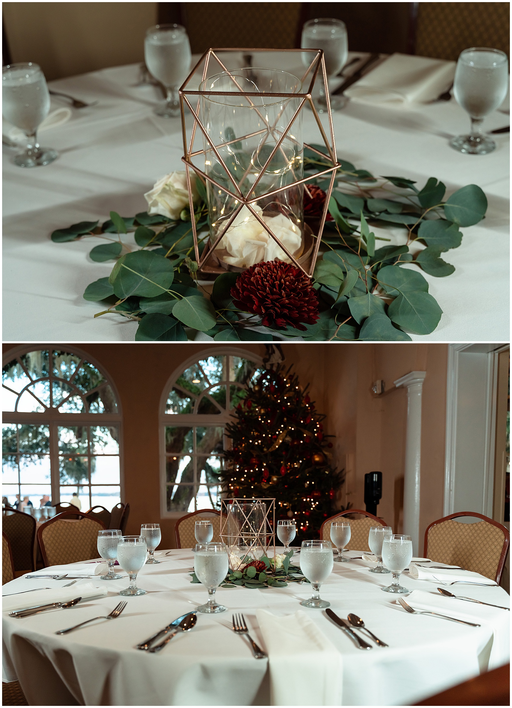 Details of a christmas wedding reception table set up at a club continental wedding