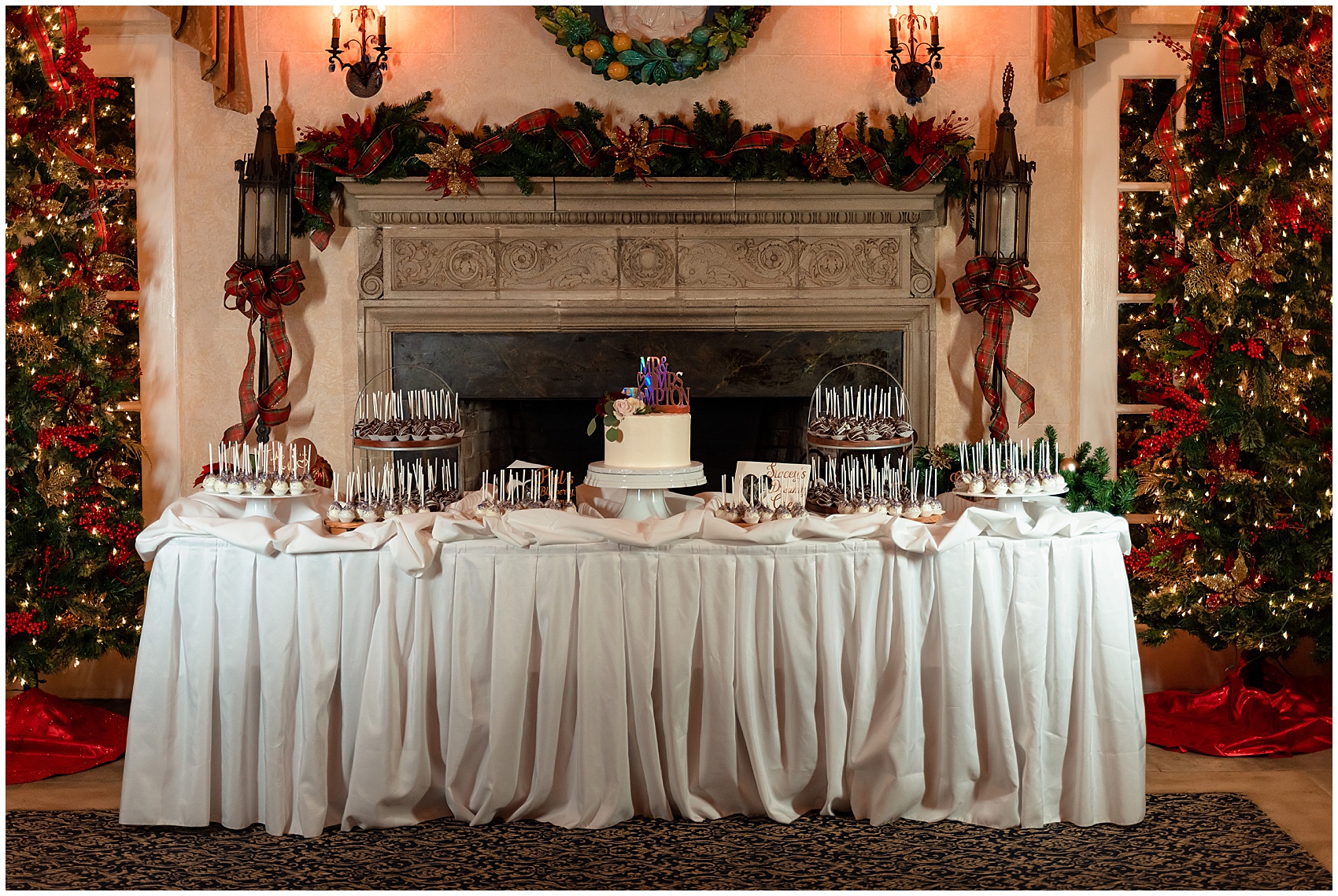Details of a desert and cake table during a christmas wedding