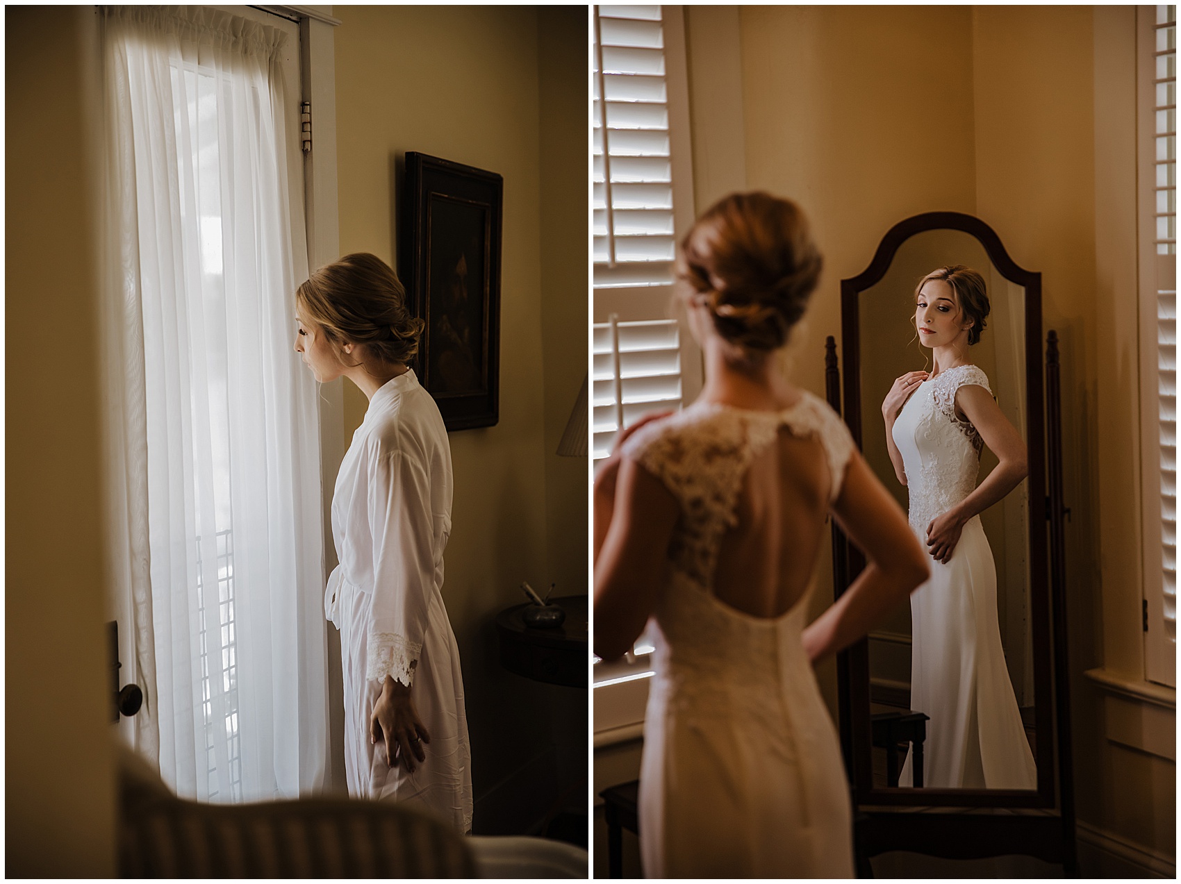 A bride gets ready in a mirror and looks out a mirror in the getting ready room