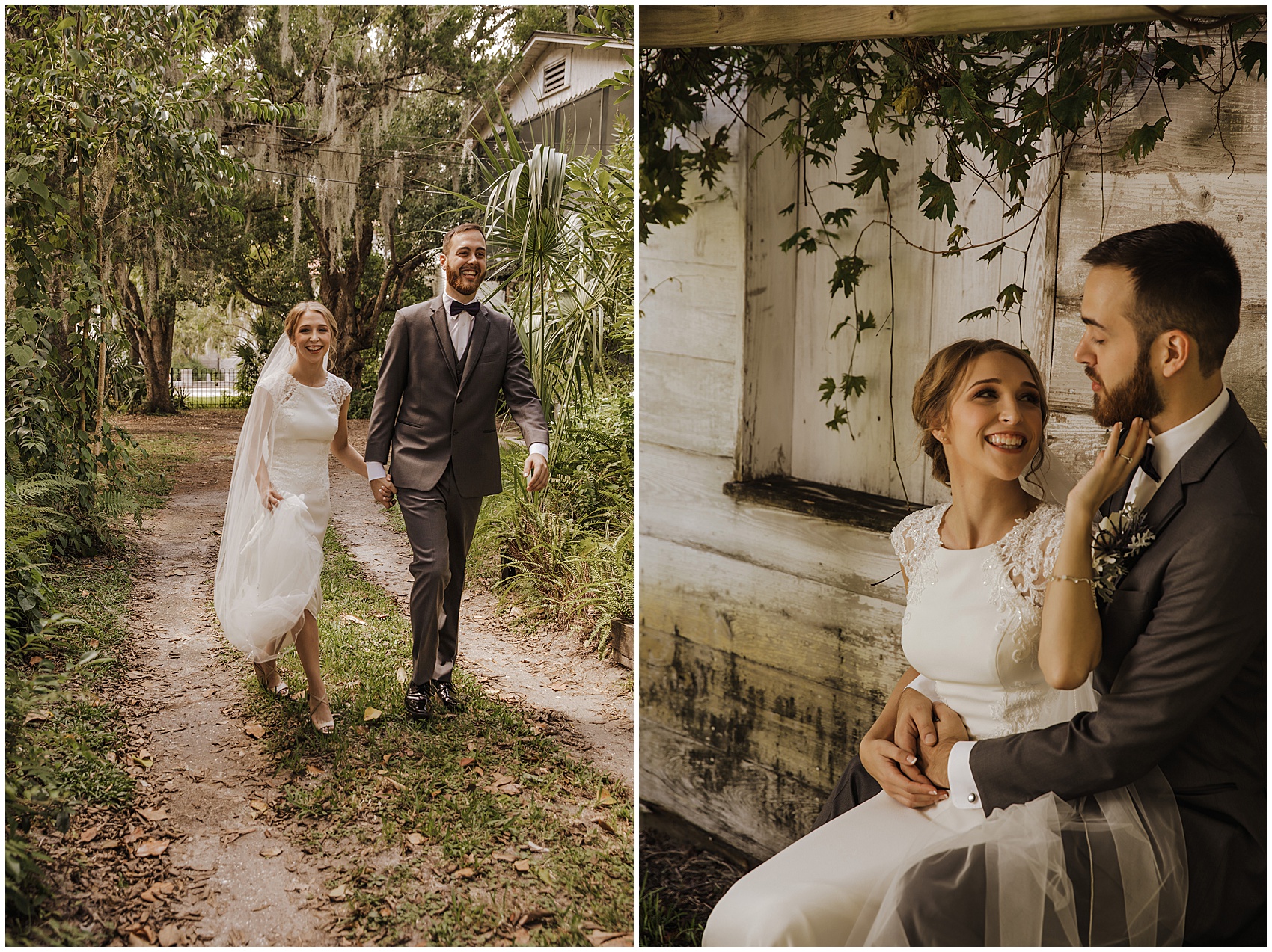 Newlyweds walk down a tropical trail and sit against a historical building at their flagler college wedding