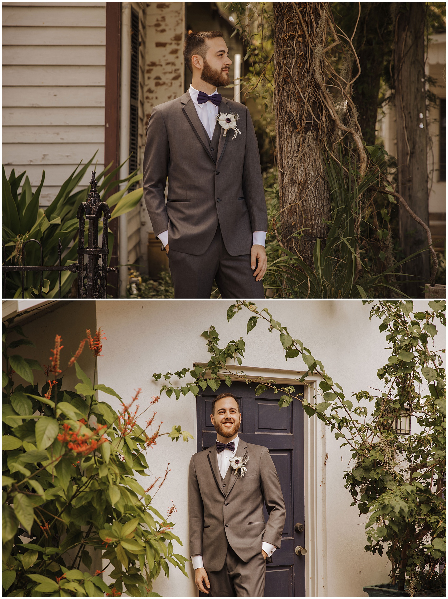 A groom stands with a hand in his pocket in a tropical garden