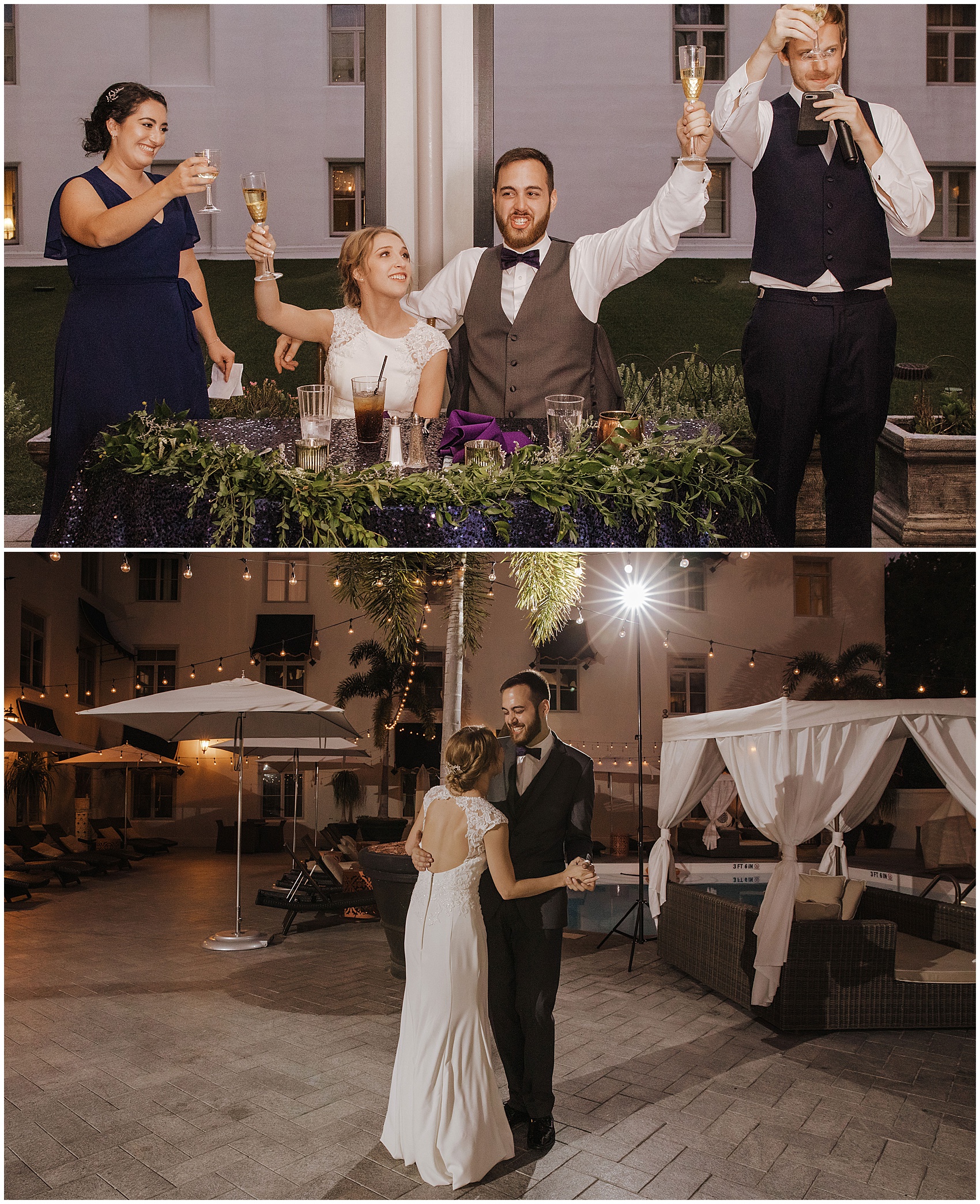 Newlyweds sit at their head table and cheers during toasts above them dancing for the first time
