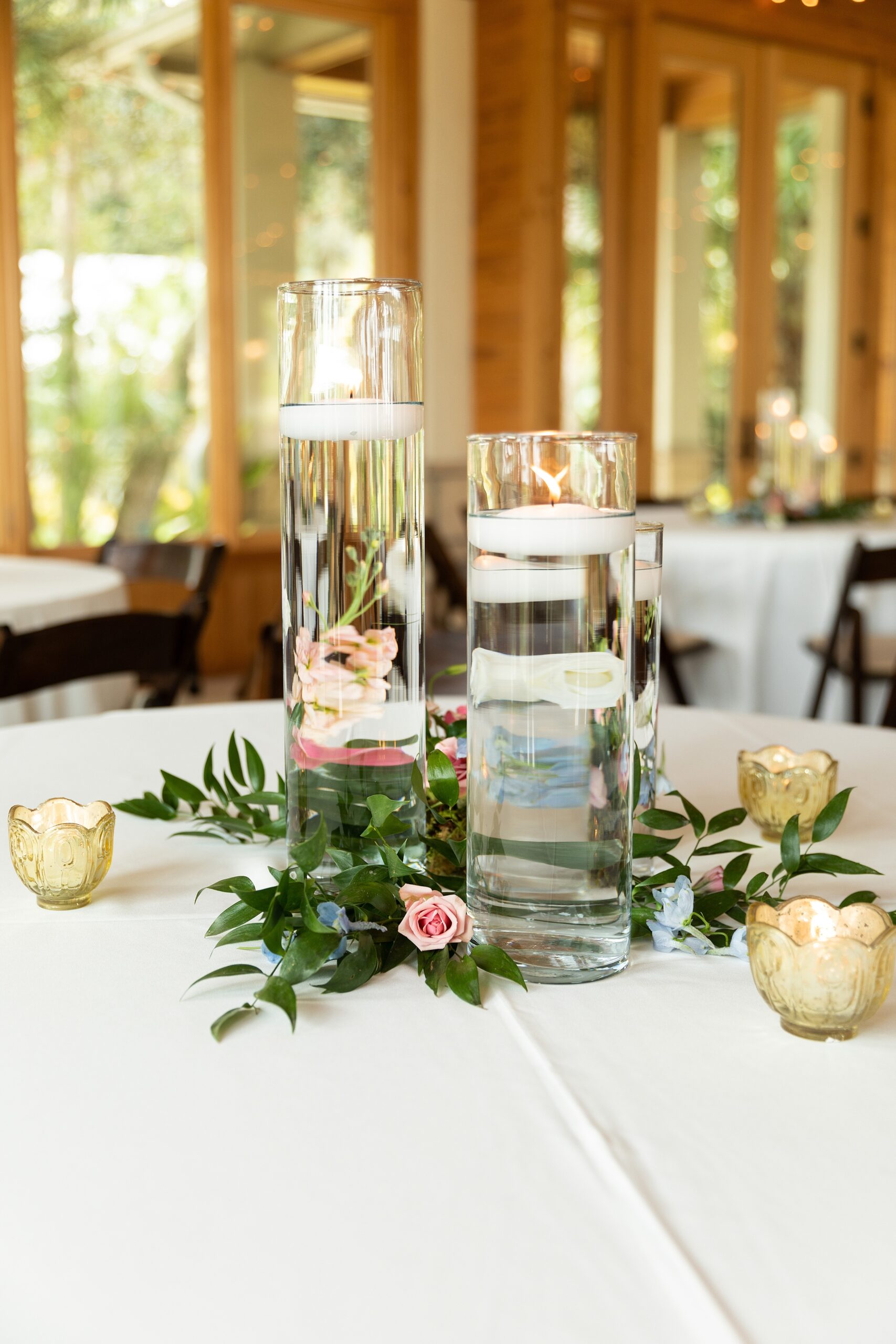 Details of a wedding reception table centerpiece at a fountain of youth wedding