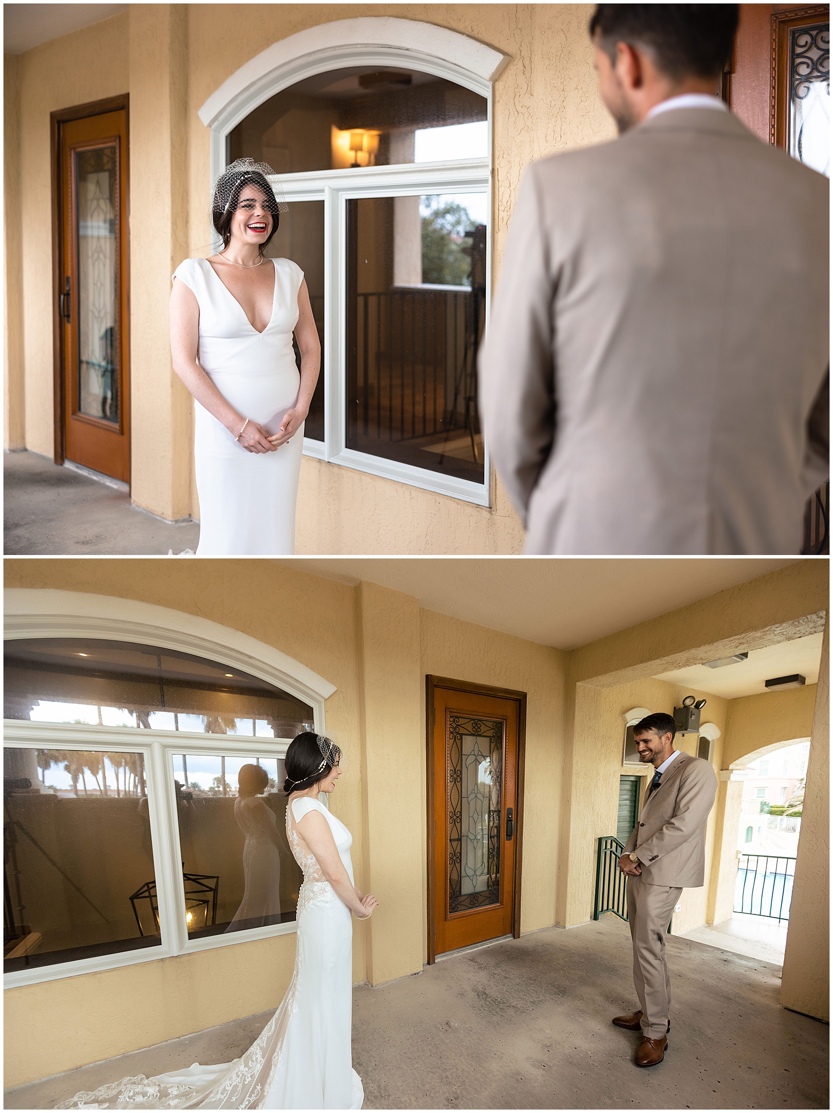 A groom smiles big while seeing his bride for the first time in her dress
