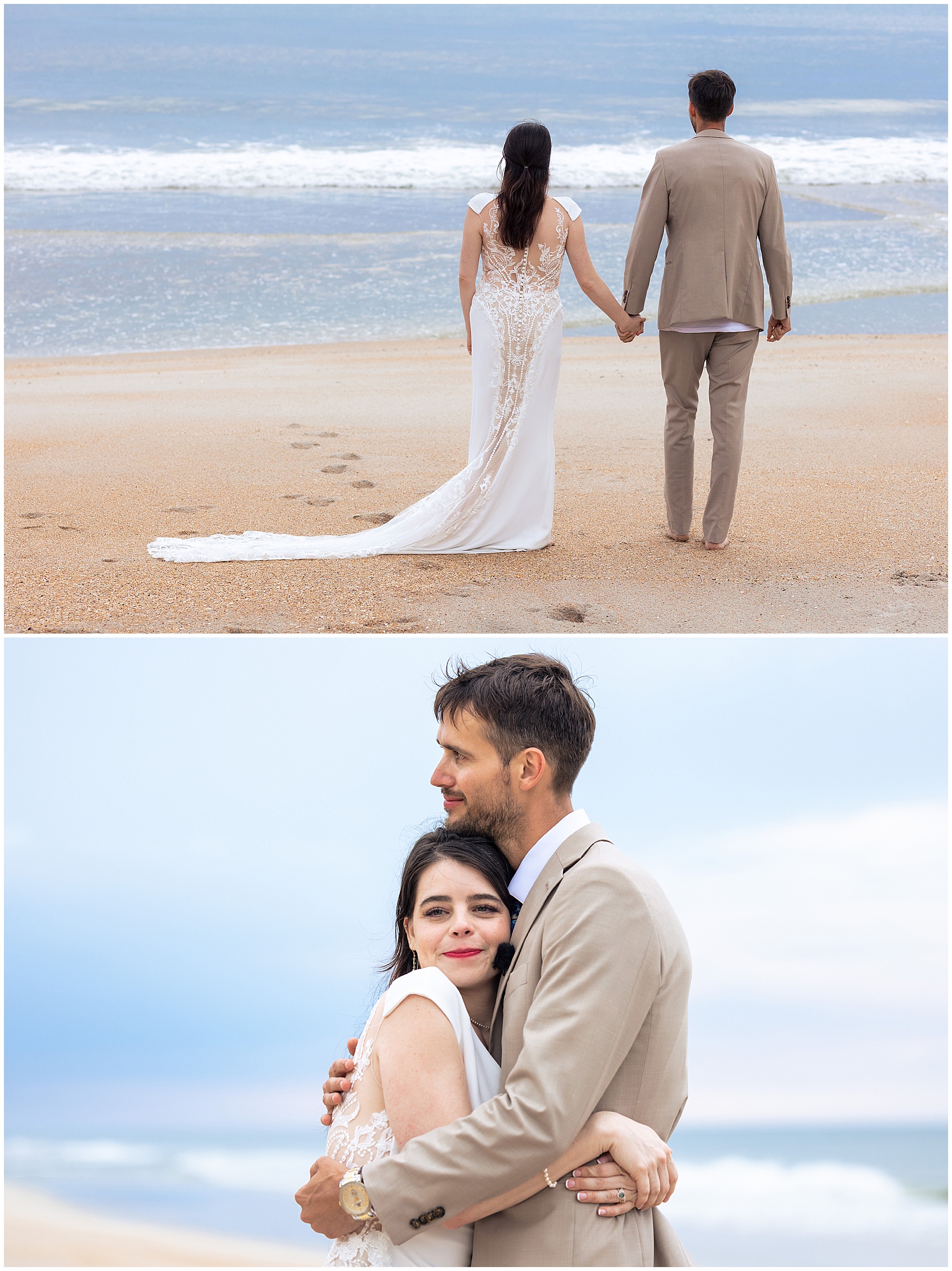 Newlyweds walk down a beach holding hands and hugging