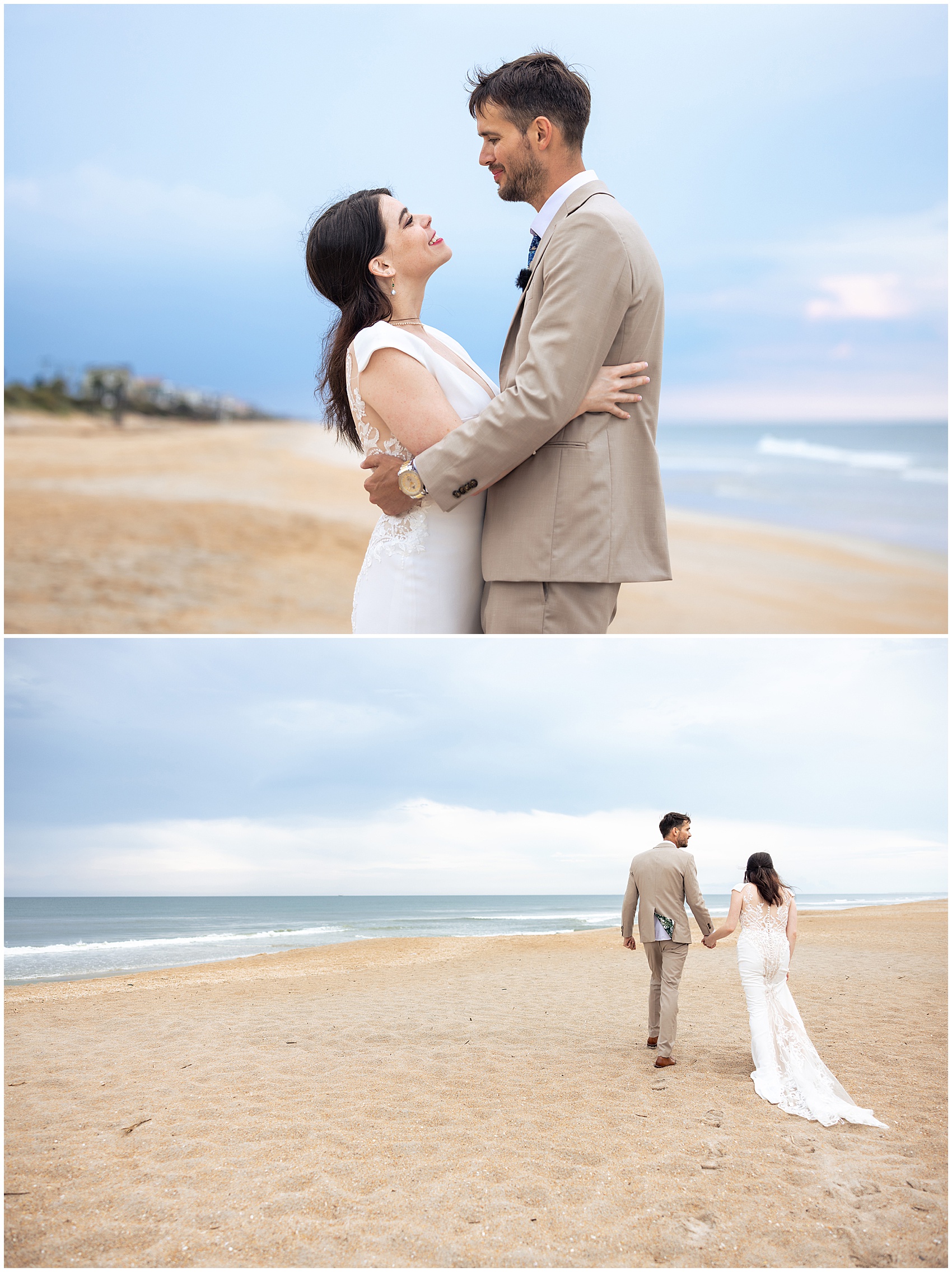 Newlyweds walk hand in hand up the beach in a tan suit and lace dress