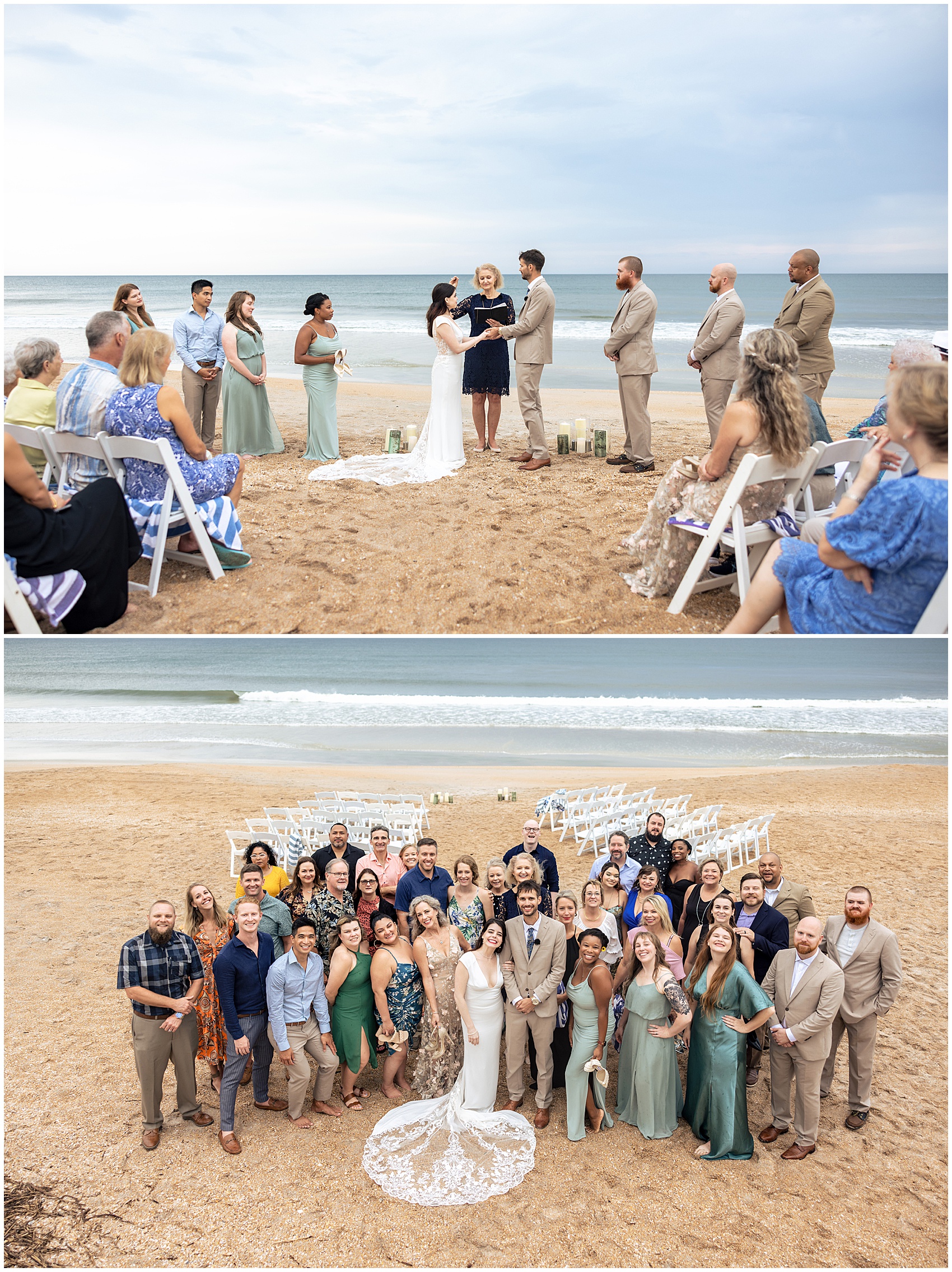 Newlyweds stand with their entire wedding paty and guests at their serenata beach club wedding ceremony