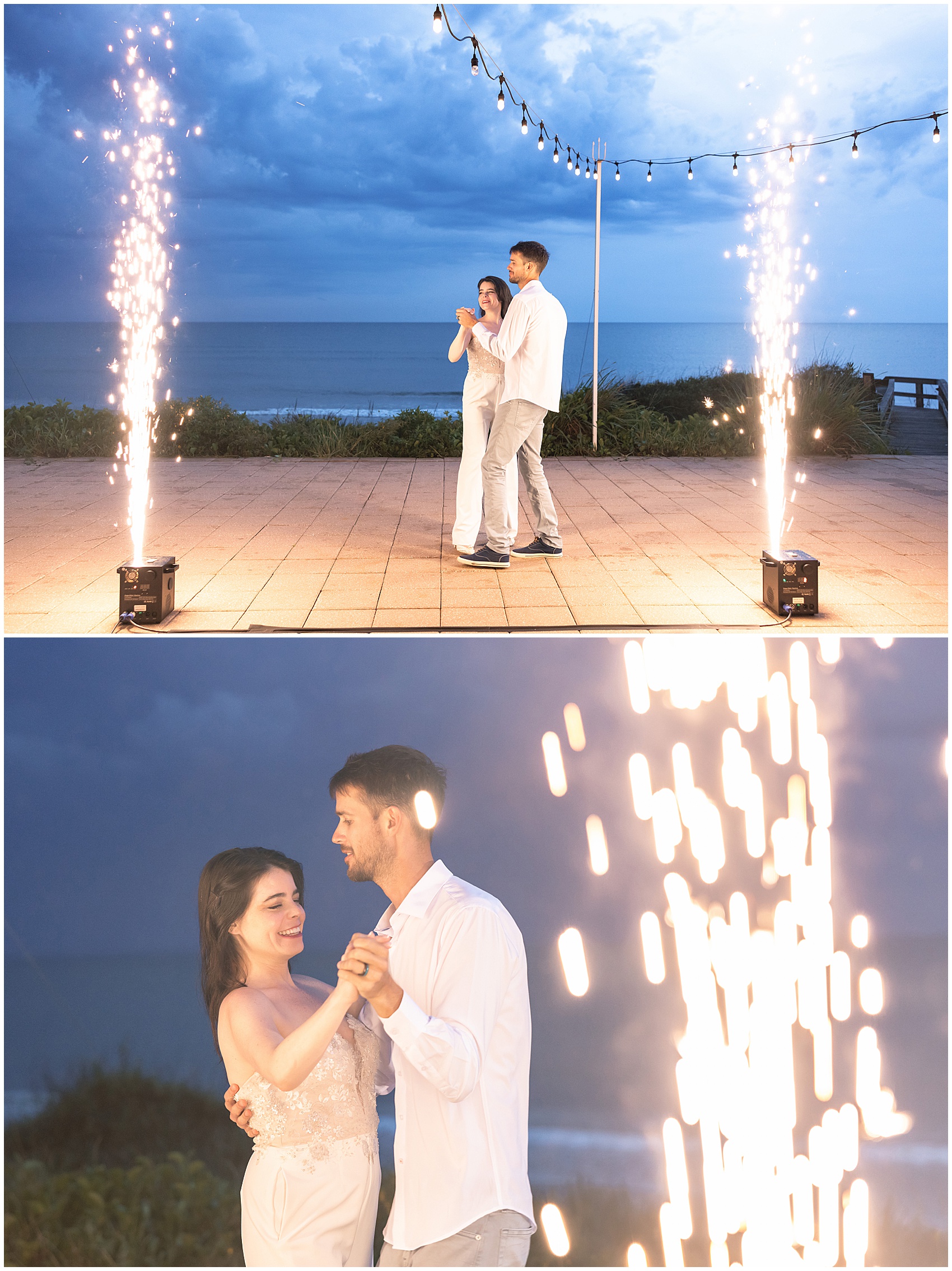 Newlyweds dance on a beachfront patio with pyrotechnics at their serenata beach club wedding