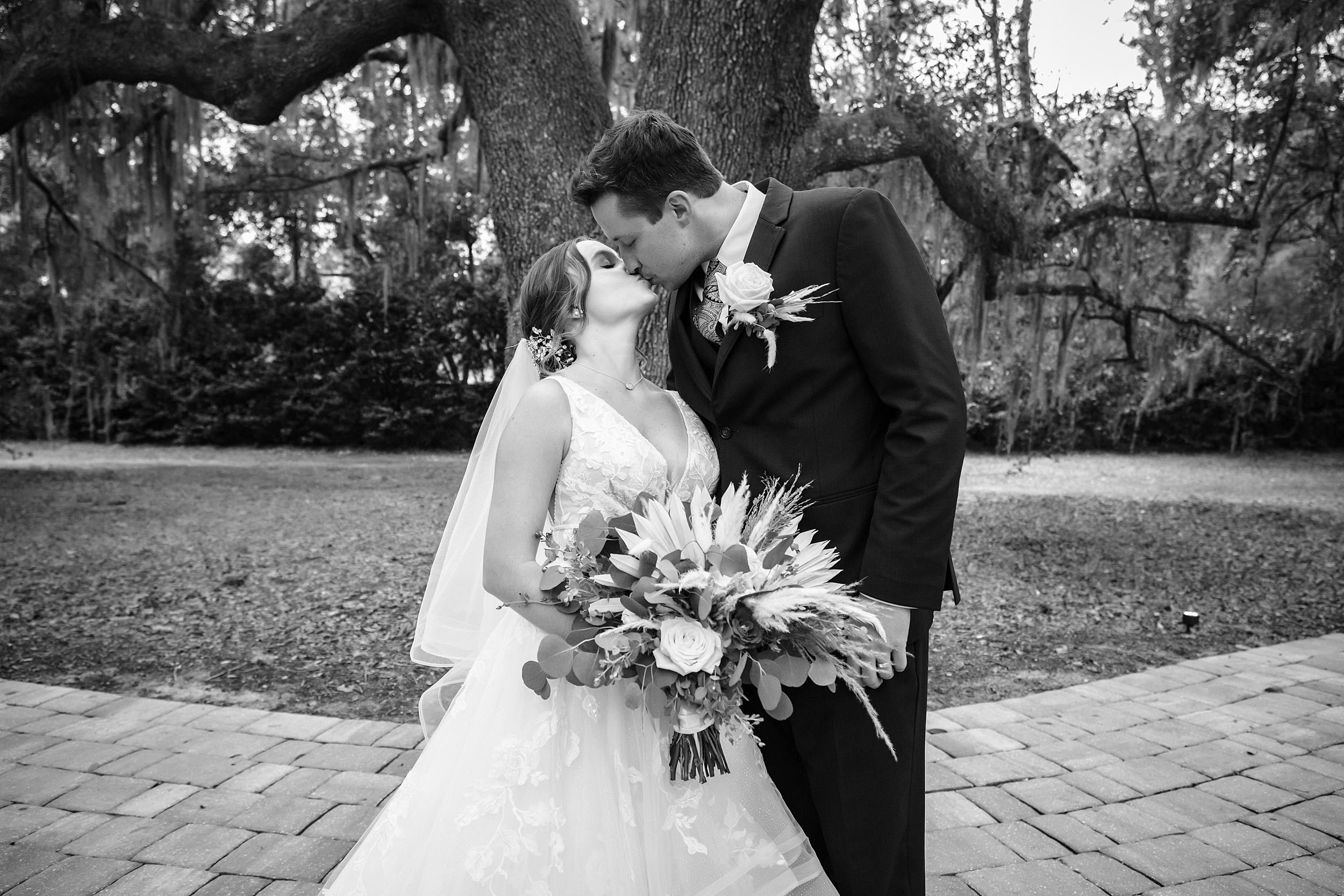 Newlyweds kiss under a large oak tree at their luxmore grande estate wedding