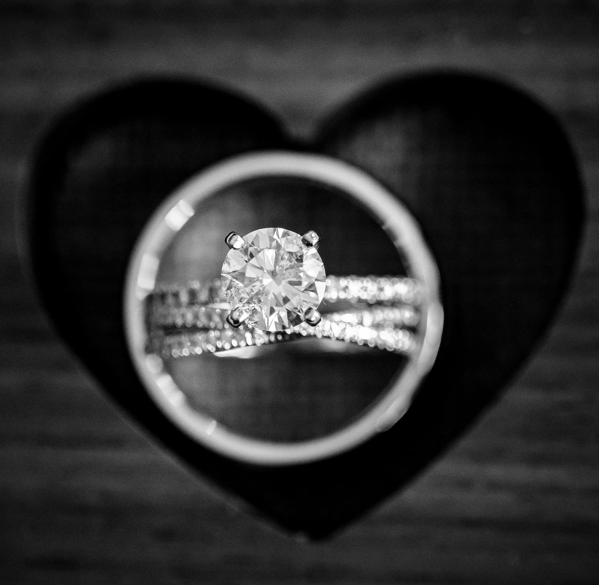 Details of wedding rings sitting on a heart