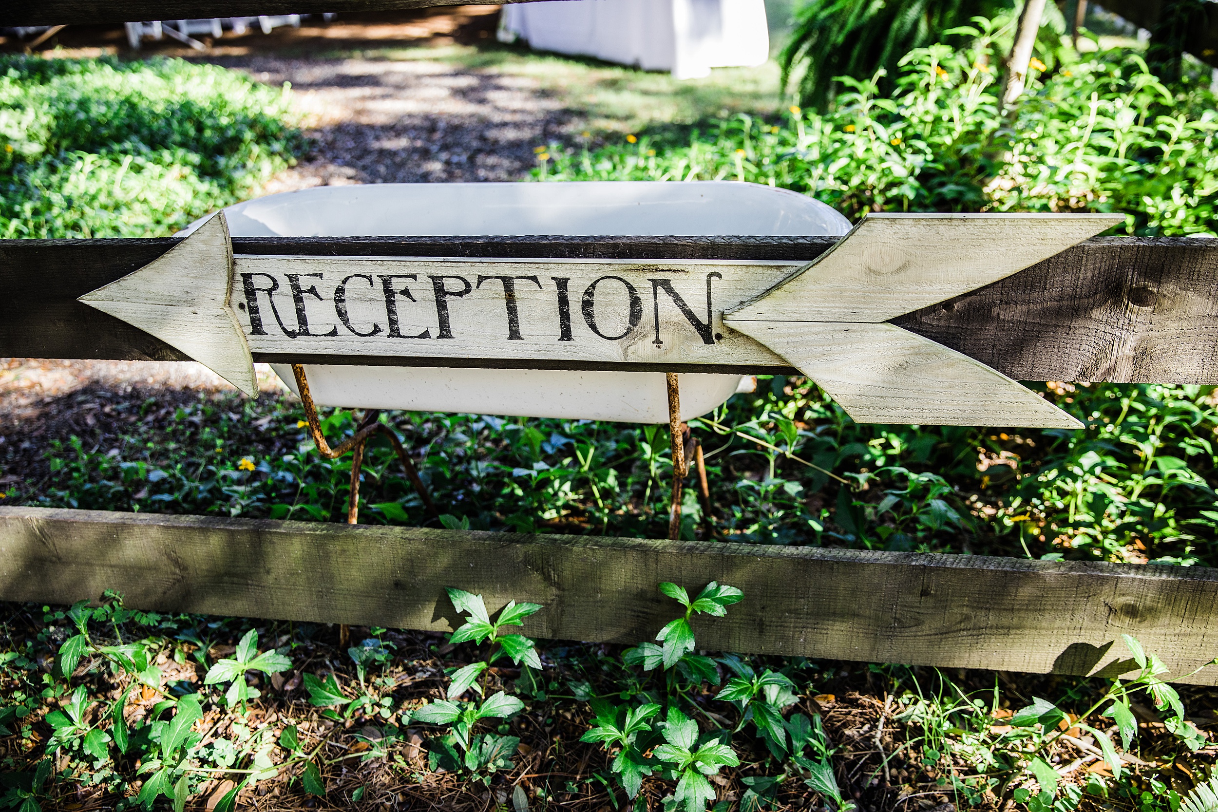 Details of a wedding reception sign built into a wooden fence